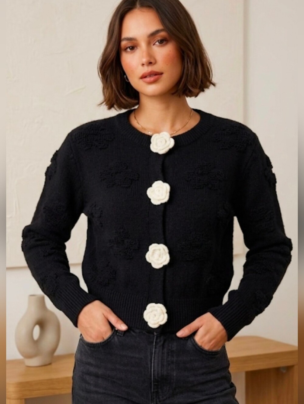 Black Knit Floral Cardigan with Cream Flower Buttons